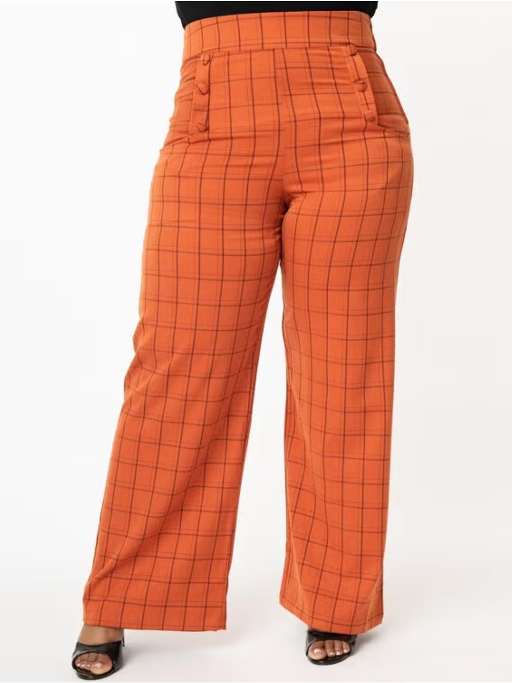 Unique Vintage Orange Windowpane High Waist Ginger Wide Leg Pants Retro 70s